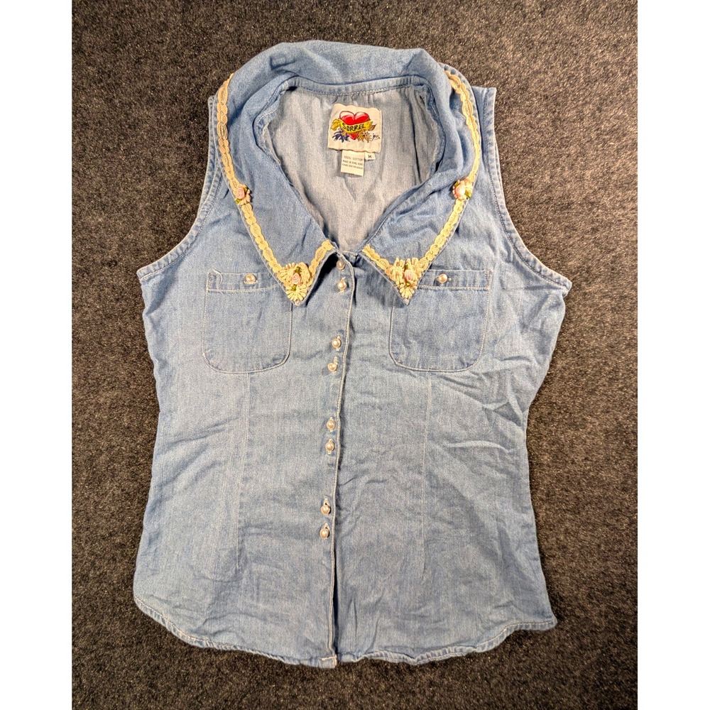 VTG Sorrel Juniors M Blue Denim Sleeveless Button-Front Top Lace Cottagecore